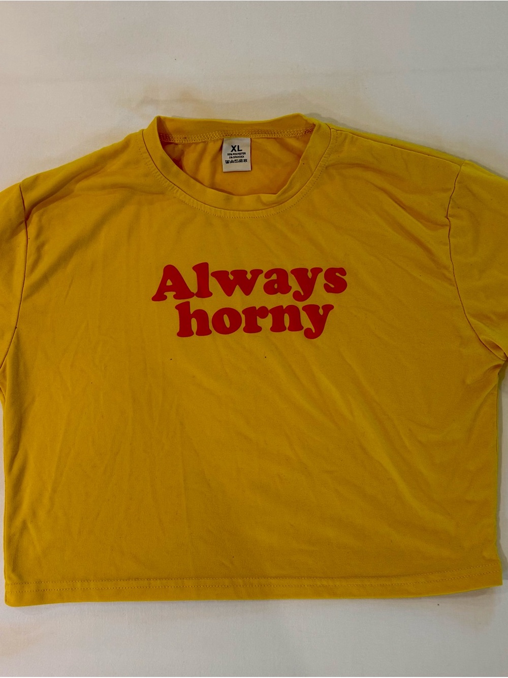 Yellow Graphic Cropped Tee with Red "Always horny" Print